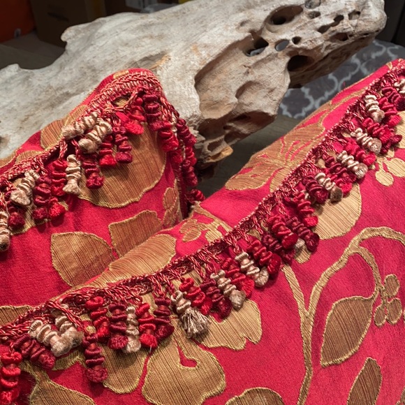 Rich red n gold silk feather down accent pillows - Picture 3 of 7